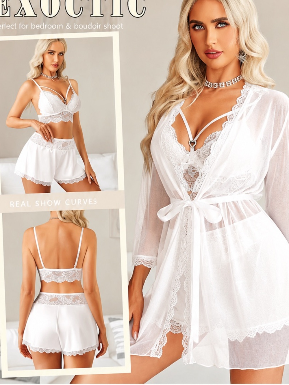 Avidlove Women Sexy Pajama 3 Piece Lingerie Lace Cami and with Mesh Kimono Robe - Picture 2 of 3